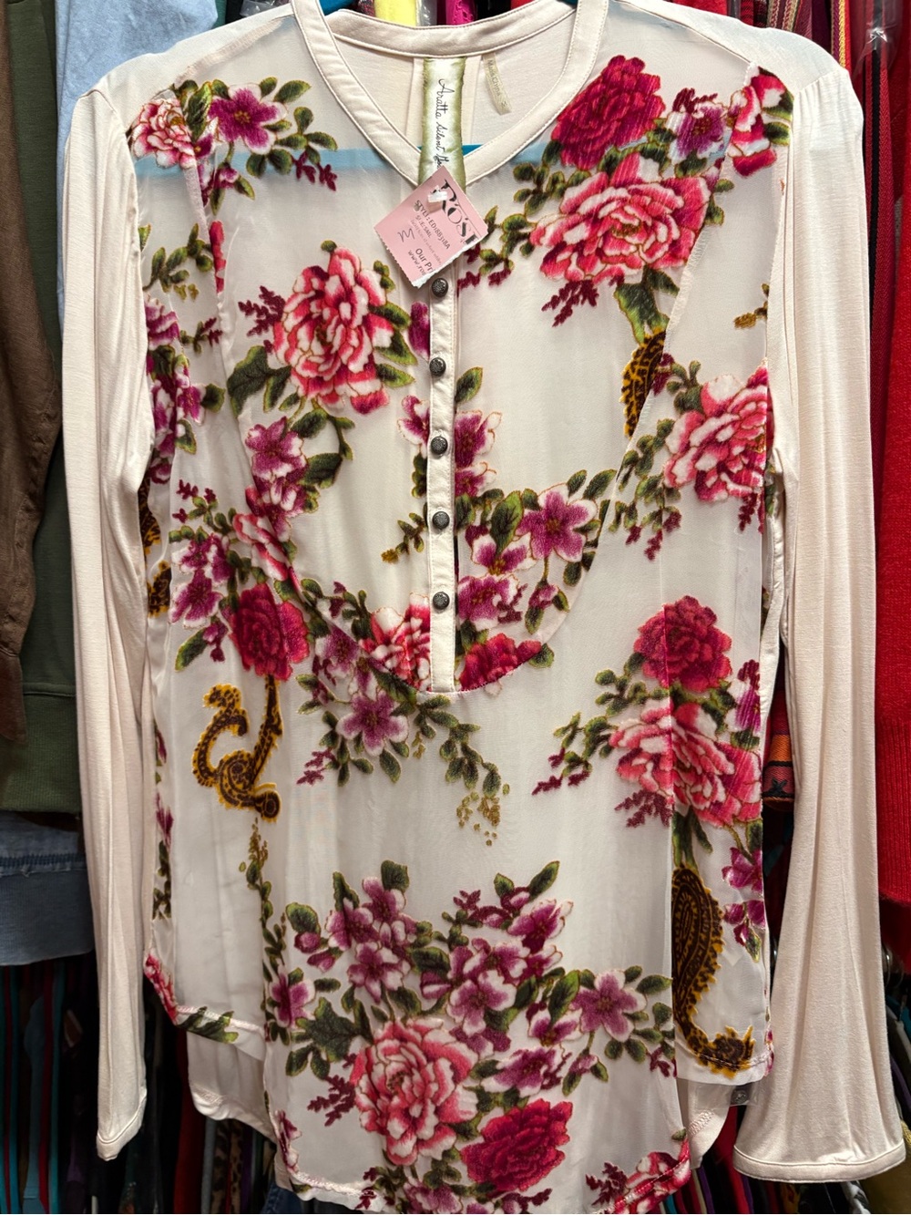 Aratta Cream Floral Henley Top with Pink Blooms